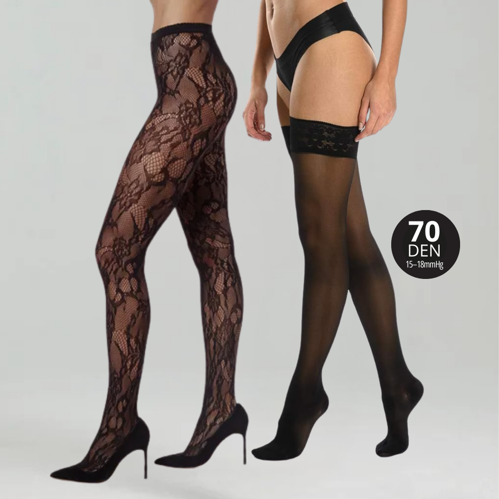 Lace Duo : 1 Καλσόν floral lace + Κάλτσες Ριζομηρίου με Τεχνολογίας Συμπίεσης 70 DEN